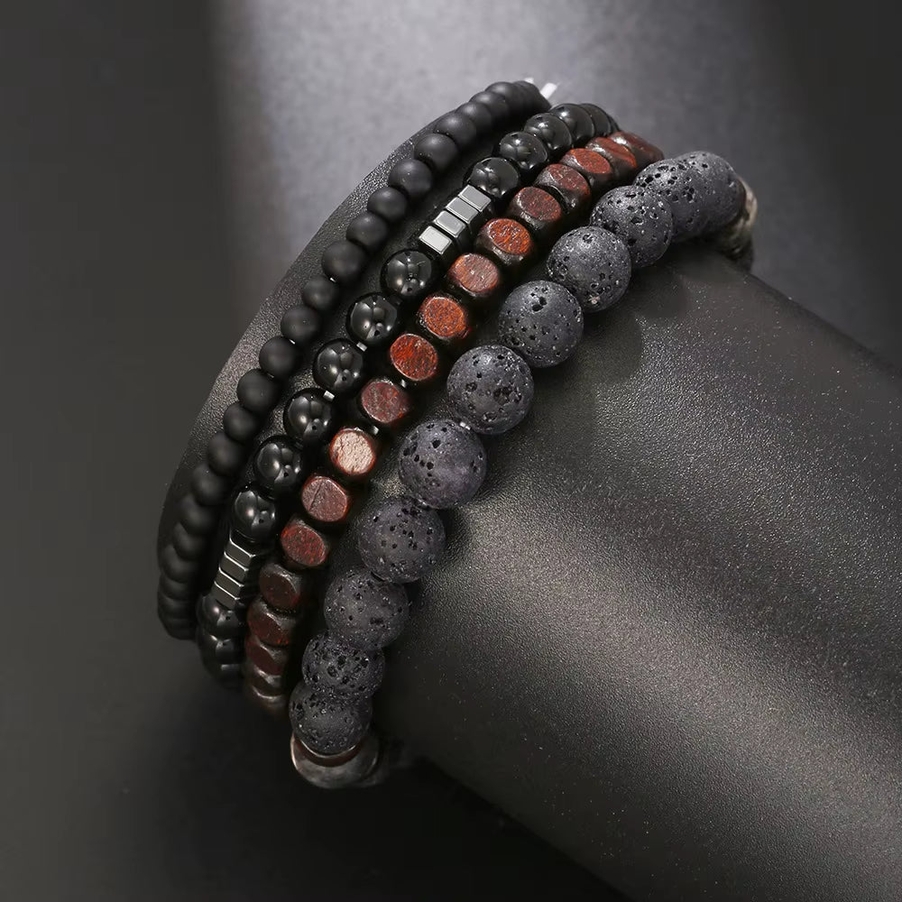 Fashion Volcanic Stone Men'S Bracelet Set Combination Hip-Hop Net Red Wind Elastic Bracelet Bracelet
