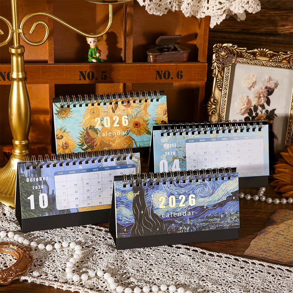 1Pc 2026 Desk Calendar Vintage Painting Calendar with Memo Notes Monthly Calendar for Home Office School Planning Organizing