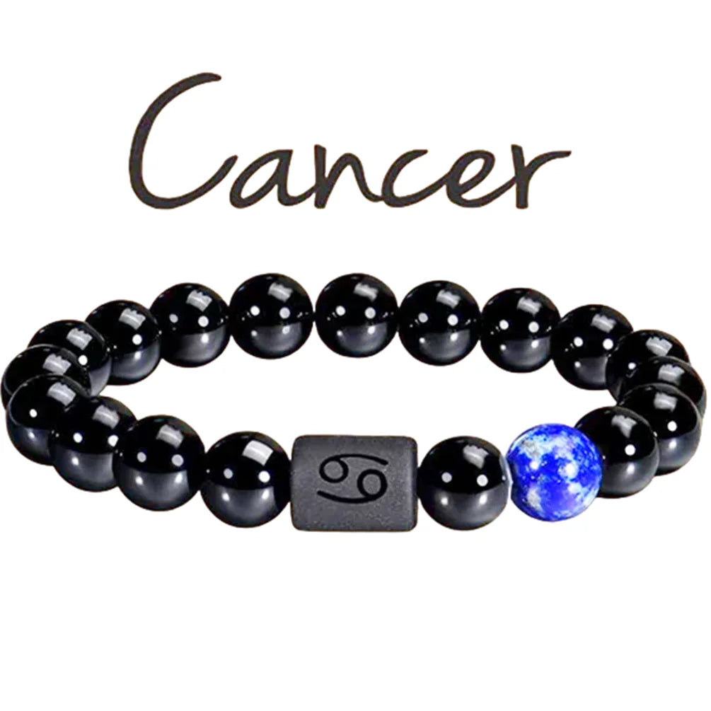 10Mm Zodiac Yellow Tiger Eye Stone Bracelet for Men Women Black Agate Crystal Elastic Cord Hand Chains Couple’S Jewelry