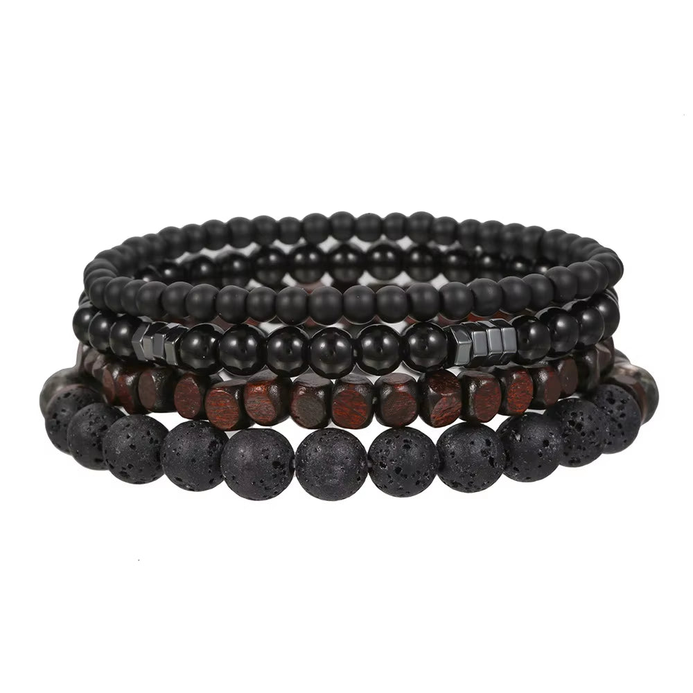 Fashion Volcanic Stone Men'S Bracelet Set Combination Hip-Hop Net Red Wind Elastic Bracelet Bracelet