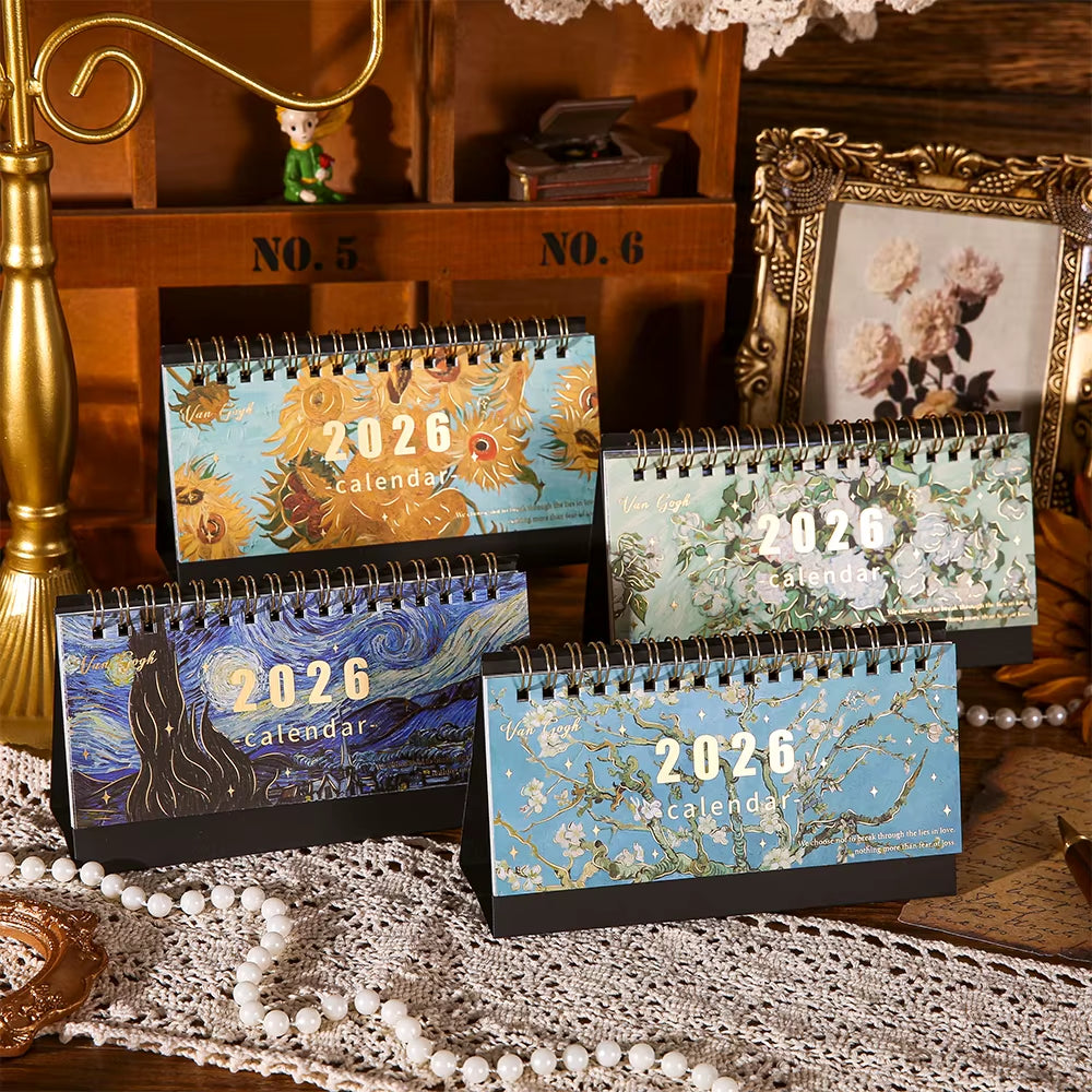 1Pc 2026 Desk Calendar Vintage Painting Calendar with Memo Notes Monthly Calendar for Home Office School Planning Organizing