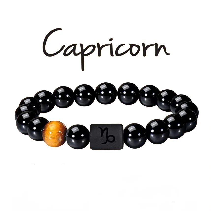 10Mm Zodiac Yellow Tiger Eye Stone Bracelet for Men Women Black Agate Crystal Elastic Cord Hand Chains Couple’S Jewelry