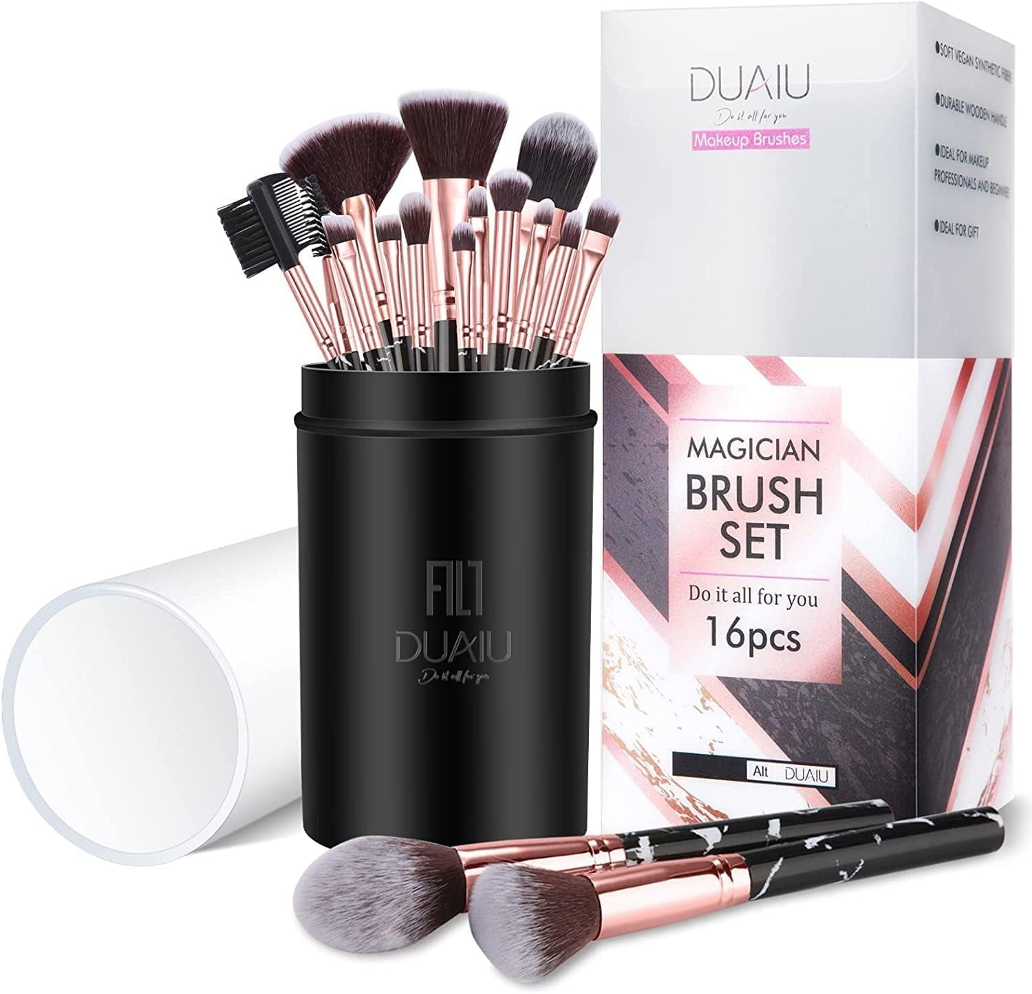 Makeup Brushes Set  16PCS Vegan Synthetic Make up Brushes Foundation Eyeshadow Concealer Eyebrow Black Marble Brush Set with Makeup Brush Holder and Gift Box