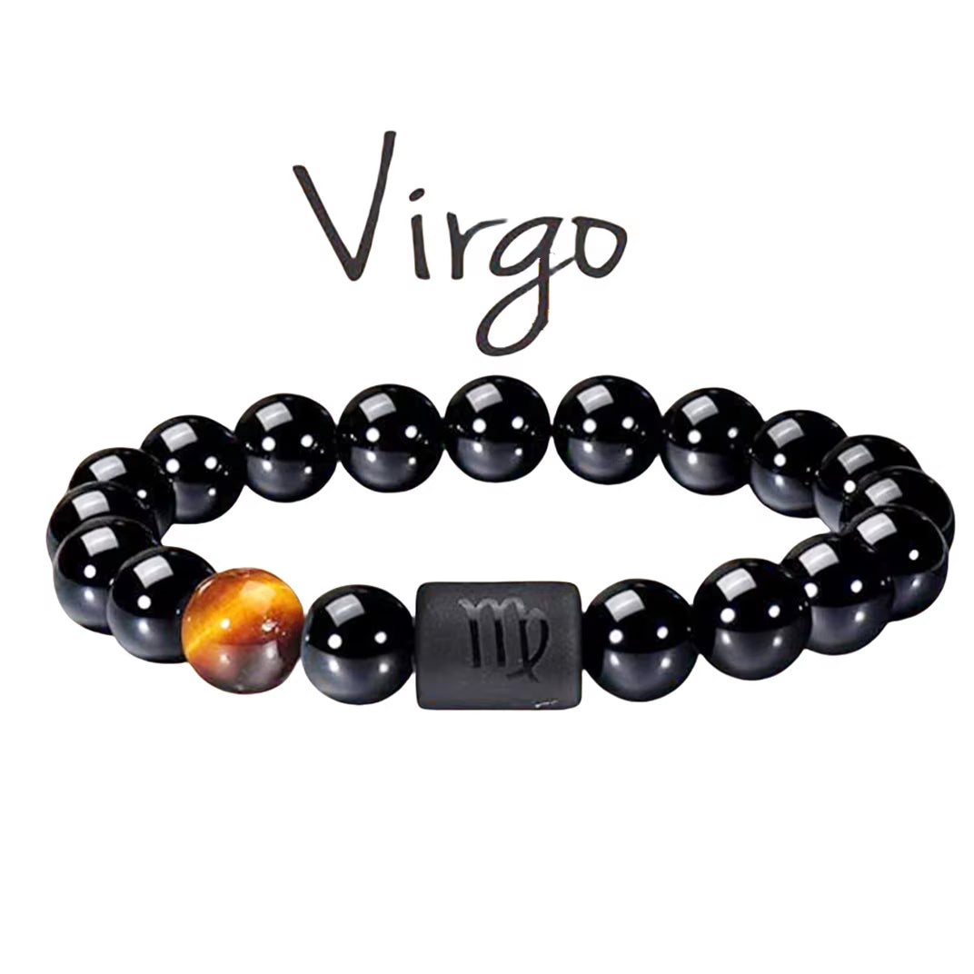 10Mm Zodiac Yellow Tiger Eye Stone Bracelet for Men Women Black Agate Crystal Elastic Cord Hand Chains Couple’S Jewelry