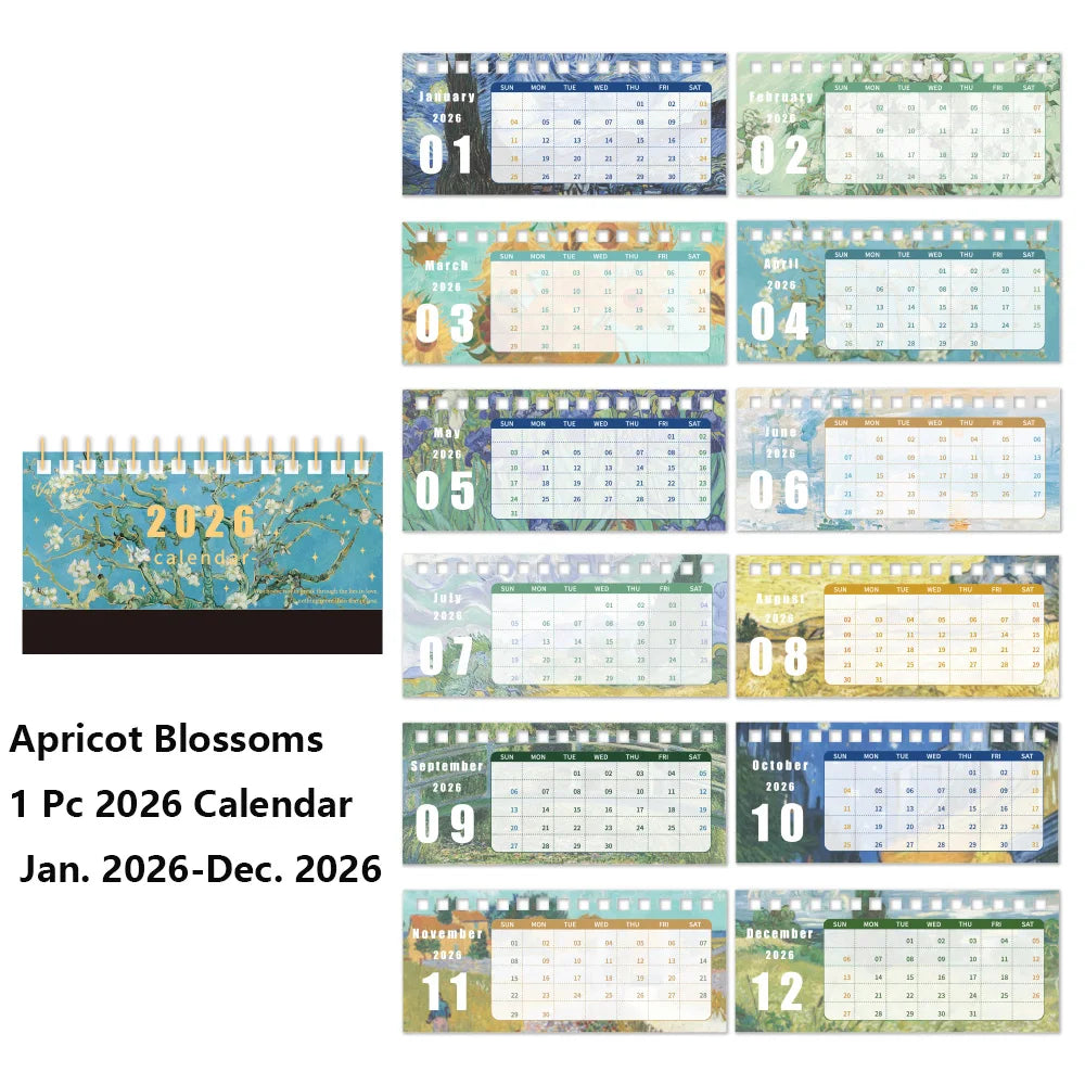 1Pc 2026 Desk Calendar Vintage Painting Calendar with Memo Notes Monthly Calendar for Home Office School Planning Organizing