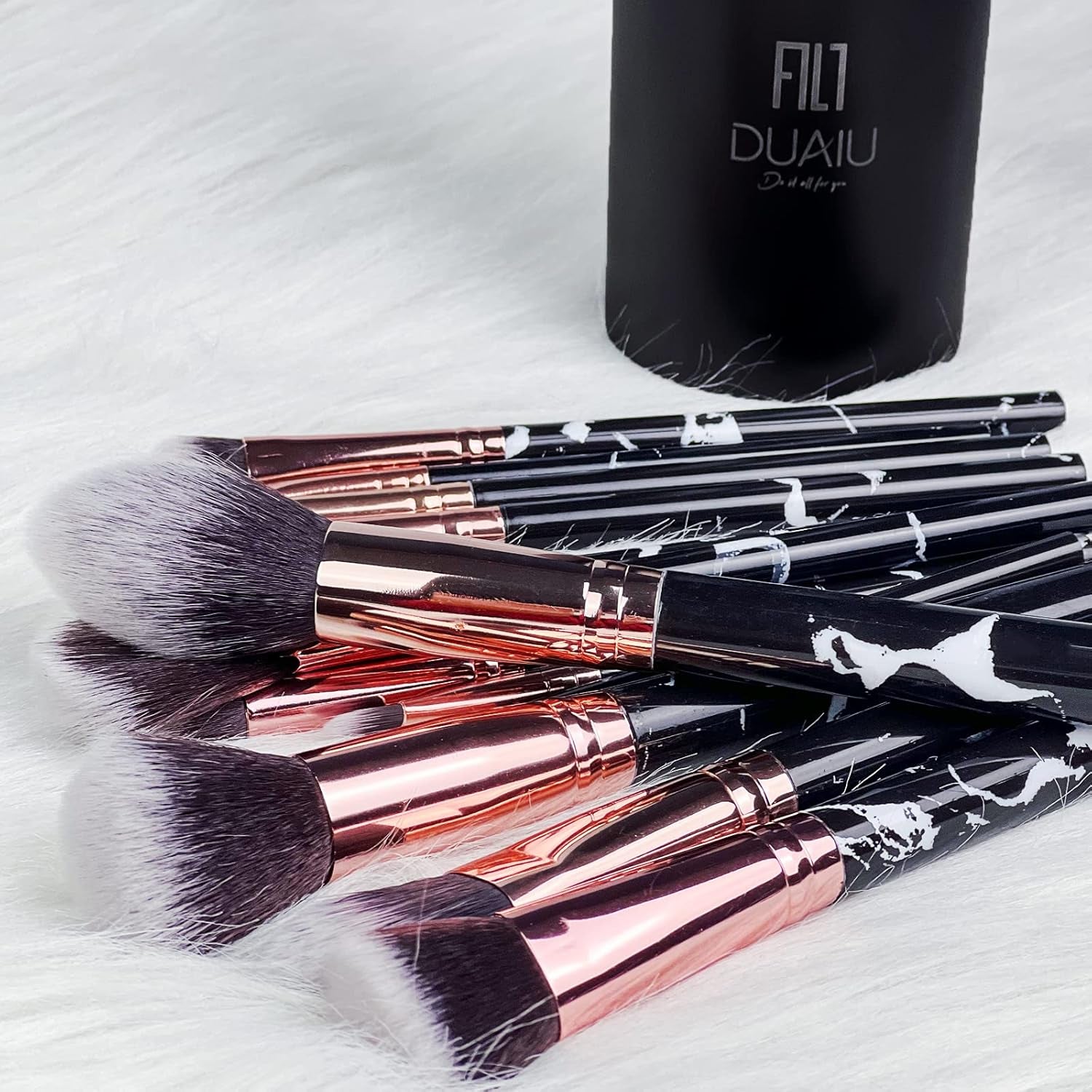 Makeup Brushes Set  16PCS Vegan Synthetic Make up Brushes Foundation Eyeshadow Concealer Eyebrow Black Marble Brush Set with Makeup Brush Holder and Gift Box