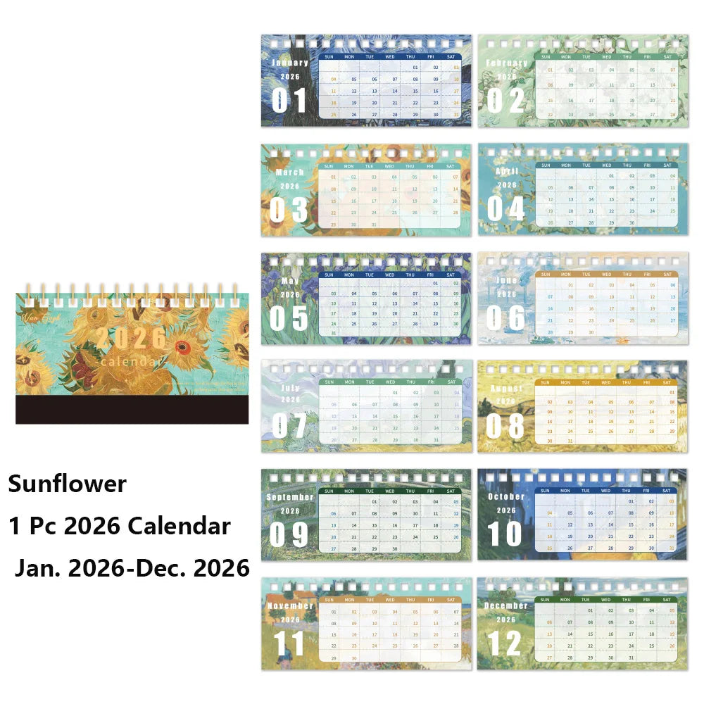 1Pc 2026 Desk Calendar Vintage Painting Calendar with Memo Notes Monthly Calendar for Home Office School Planning Organizing