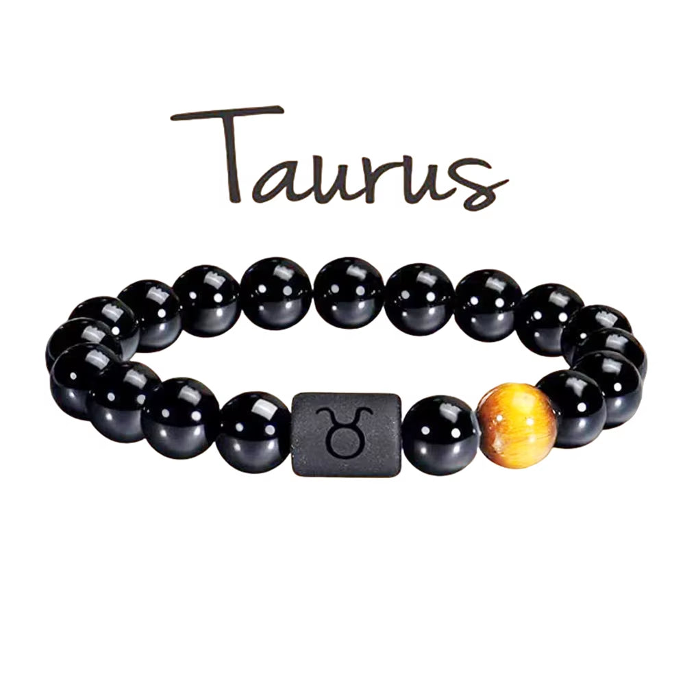 10Mm Zodiac Yellow Tiger Eye Stone Bracelet for Men Women Black Agate Crystal Elastic Cord Hand Chains Couple’S Jewelry