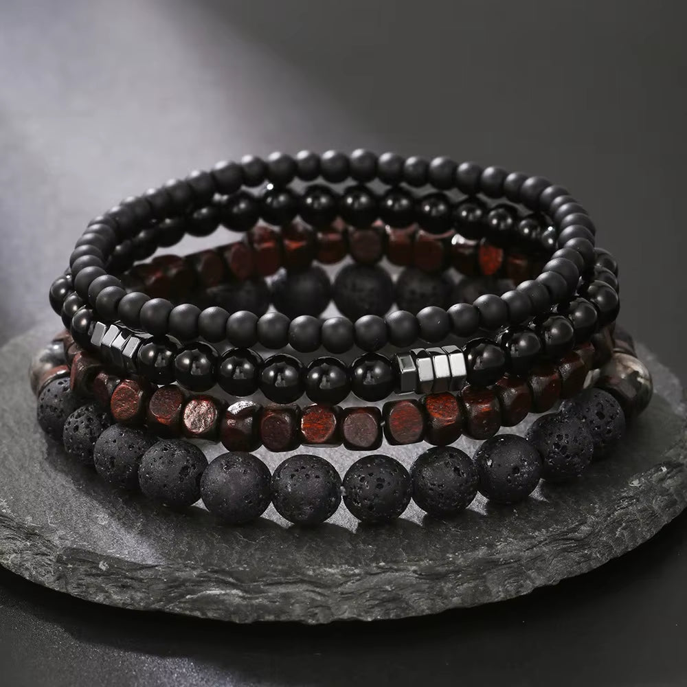 Fashion Volcanic Stone Men'S Bracelet Set Combination Hip-Hop Net Red Wind Elastic Bracelet Bracelet