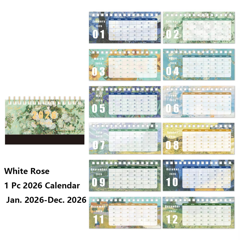 1Pc 2026 Desk Calendar Vintage Painting Calendar with Memo Notes Monthly Calendar for Home Office School Planning Organizing