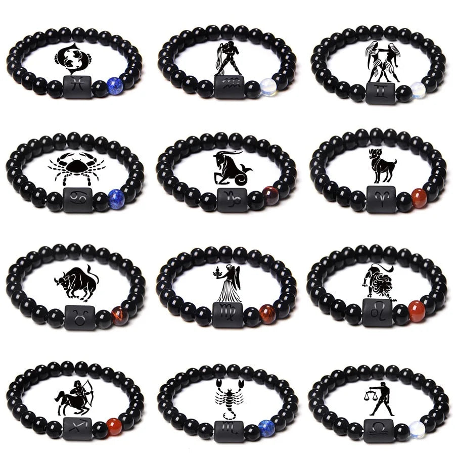 10Mm Zodiac Yellow Tiger Eye Stone Bracelet for Men Women Black Agate Crystal Elastic Cord Hand Chains Couple’S Jewelry