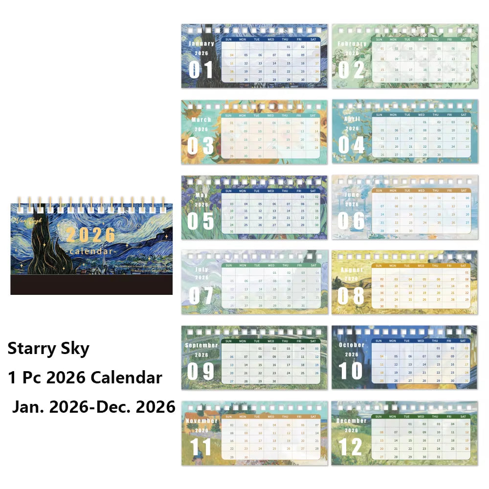 1Pc 2026 Desk Calendar Vintage Painting Calendar with Memo Notes Monthly Calendar for Home Office School Planning Organizing