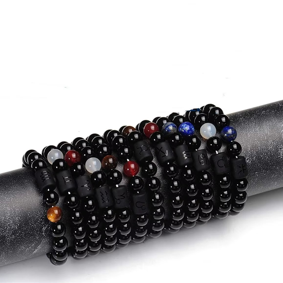 10Mm Zodiac Yellow Tiger Eye Stone Bracelet for Men Women Black Agate Crystal Elastic Cord Hand Chains Couple’S Jewelry