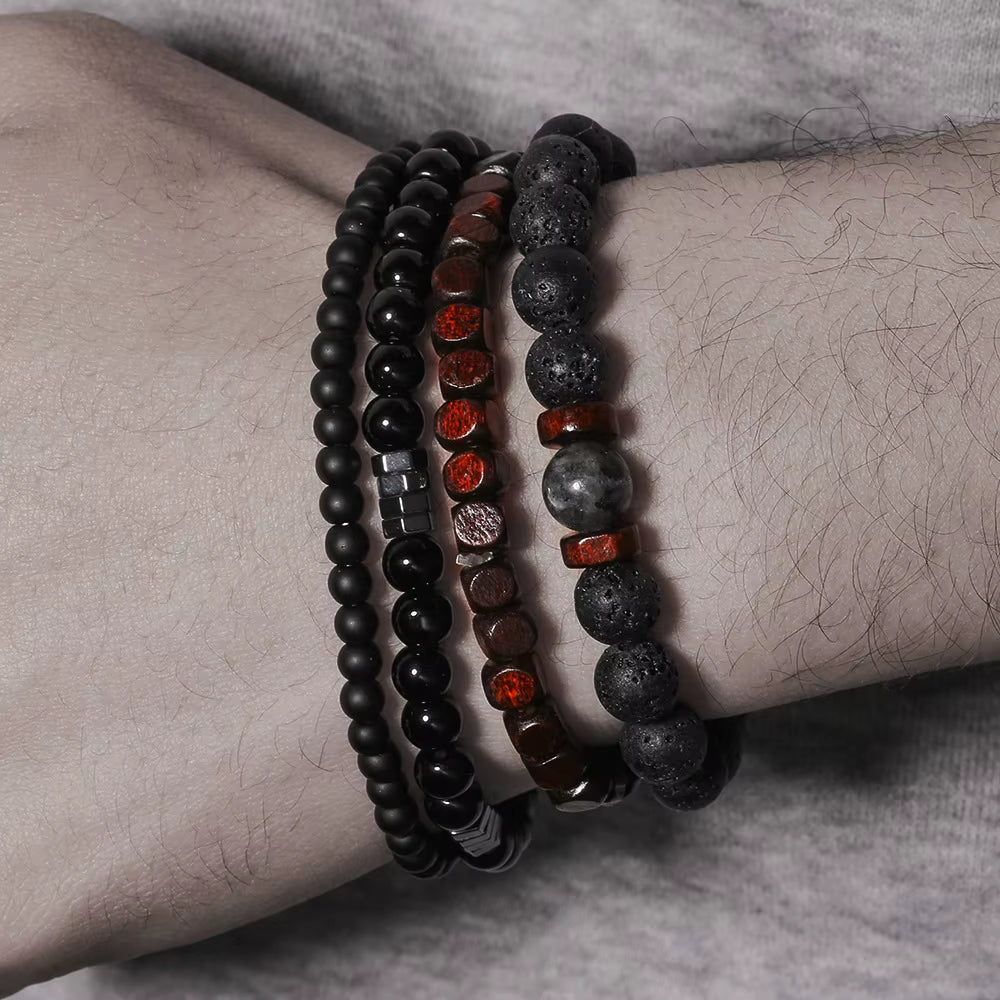 Fashion Volcanic Stone Men'S Bracelet Set Combination Hip-Hop Net Red Wind Elastic Bracelet Bracelet