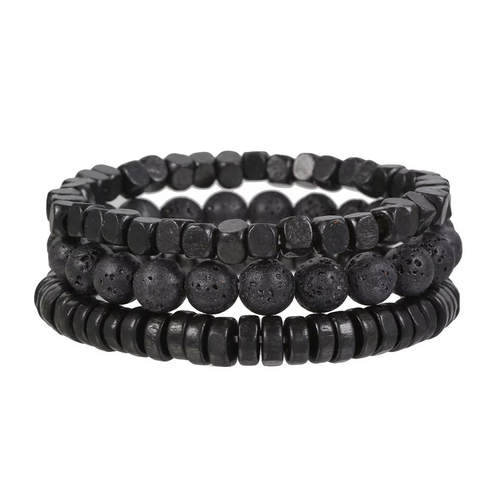 Fashion Volcanic Stone Men'S Bracelet Set Combination Hip-Hop Net Red Wind Elastic Bracelet Bracelet