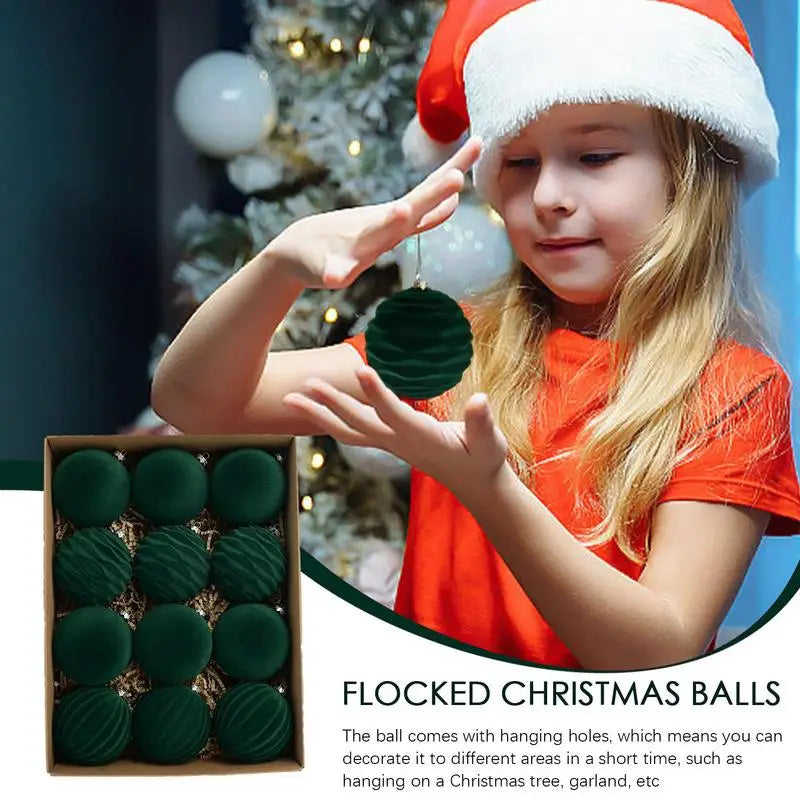 Christmas Balls Christmas Tree Decor 12 Pack Luxurious Green Flocked Christmas Ornaments Ball Bauble for Christmas Theme Party