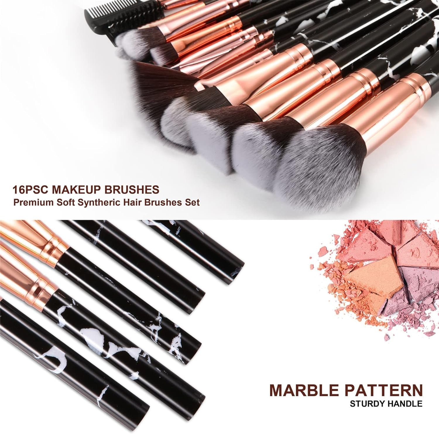 Makeup Brushes Set  16PCS Vegan Synthetic Make up Brushes Foundation Eyeshadow Concealer Eyebrow Black Marble Brush Set with Makeup Brush Holder and Gift Box